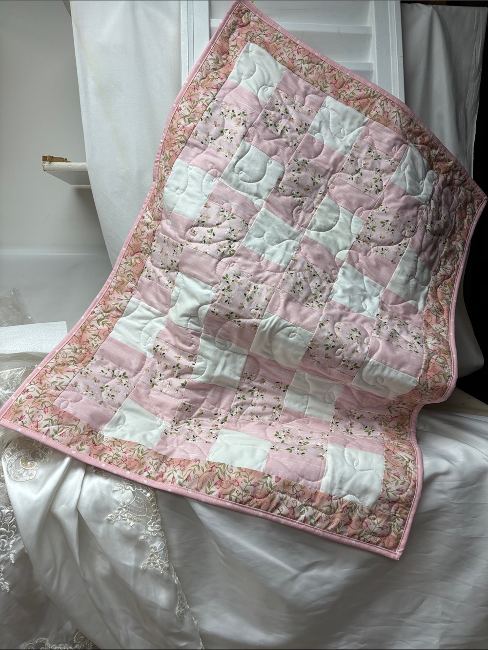 Pink & White Floral Patchwork Baby Quilt